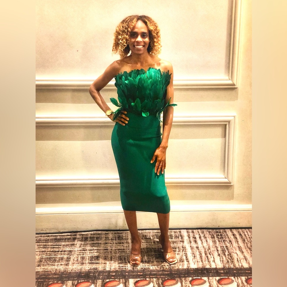 Emerald Feather-Trim Strapless Sheath Dress - Picture 4 of 4
